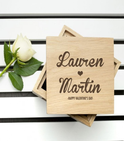 Engraved Couple's Names Oak Photo Cube