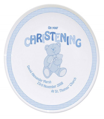 Personalised Blue Teddy Christening Plate