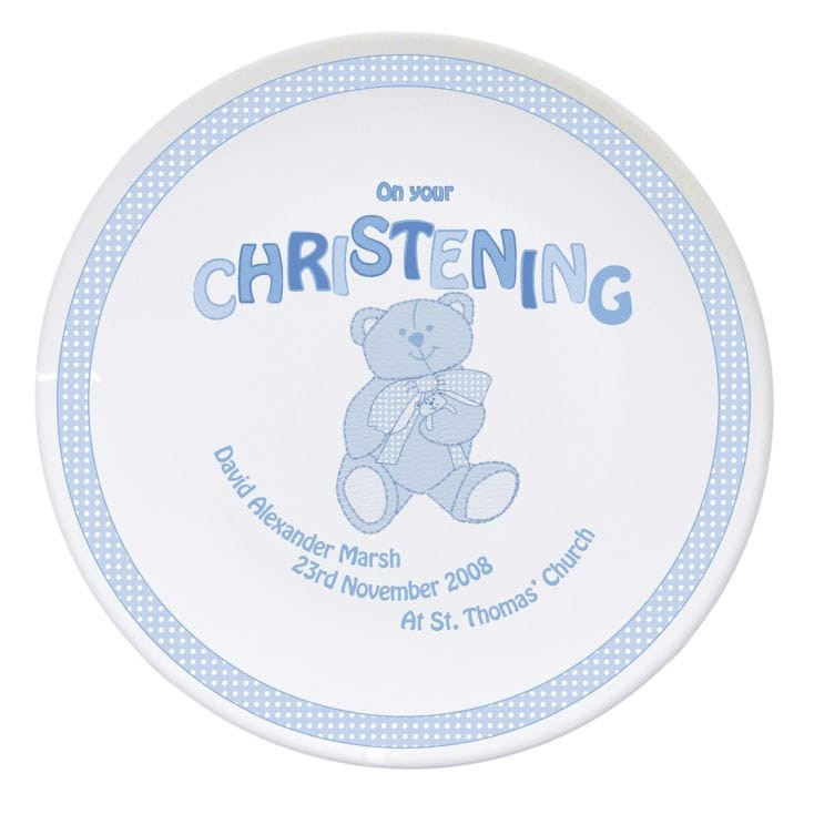Personalised Blue Teddy Christening Plate