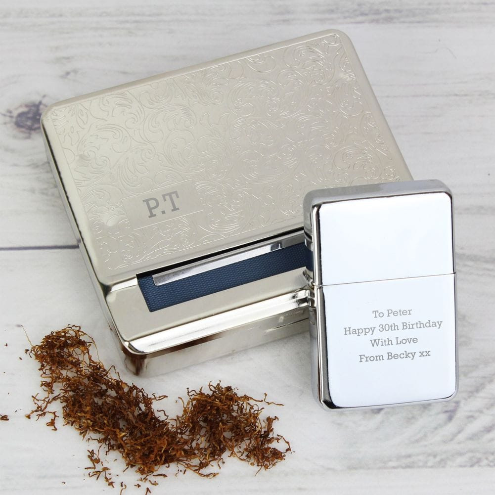 Personalised Tobacco Tin And Silver Lighter Set